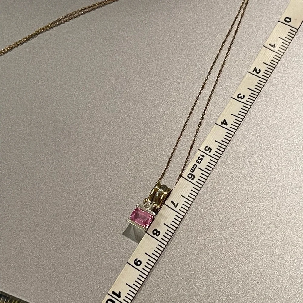 Pink sapphire, two tone, 14 karat gold modernist, diamond pendant - Picture 12 of 15